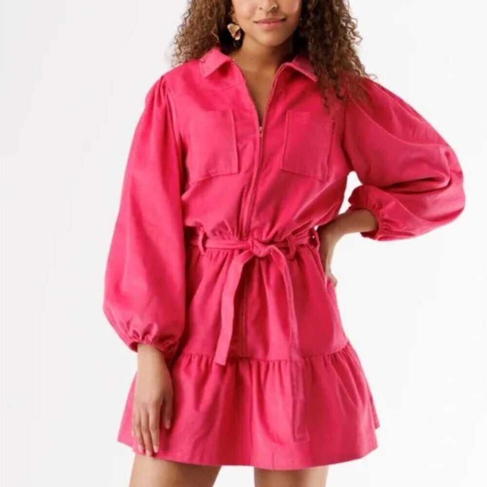 Smith and Quinn Dallas Dress Long Sleeve Collared Zip Corduroy Pink New Small
